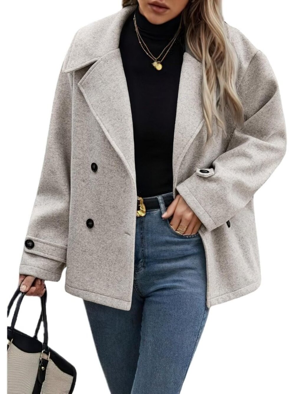 Women's Apricot Winter Loose Fit Cropped Wool Coat Button Down Pea Coats